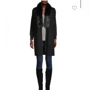 Saks Fifth Avenue Black Faux-Fur Trim Cardigan. Size XS. Black. Worn once.